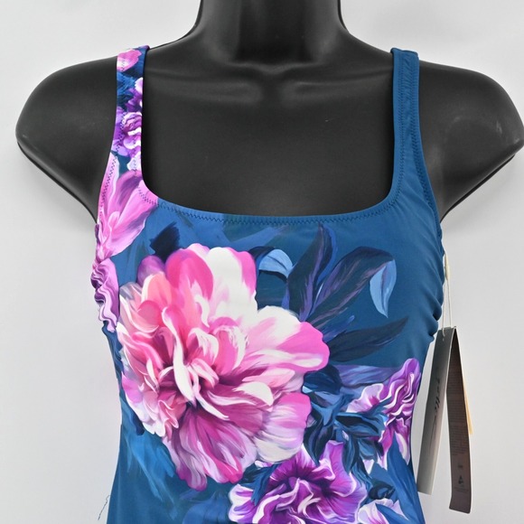 Gottex Fiji One Piece Swimsuit Womens Size 6 Navy Pink Floral Print Square‎ Neck - Picture 2 of 12